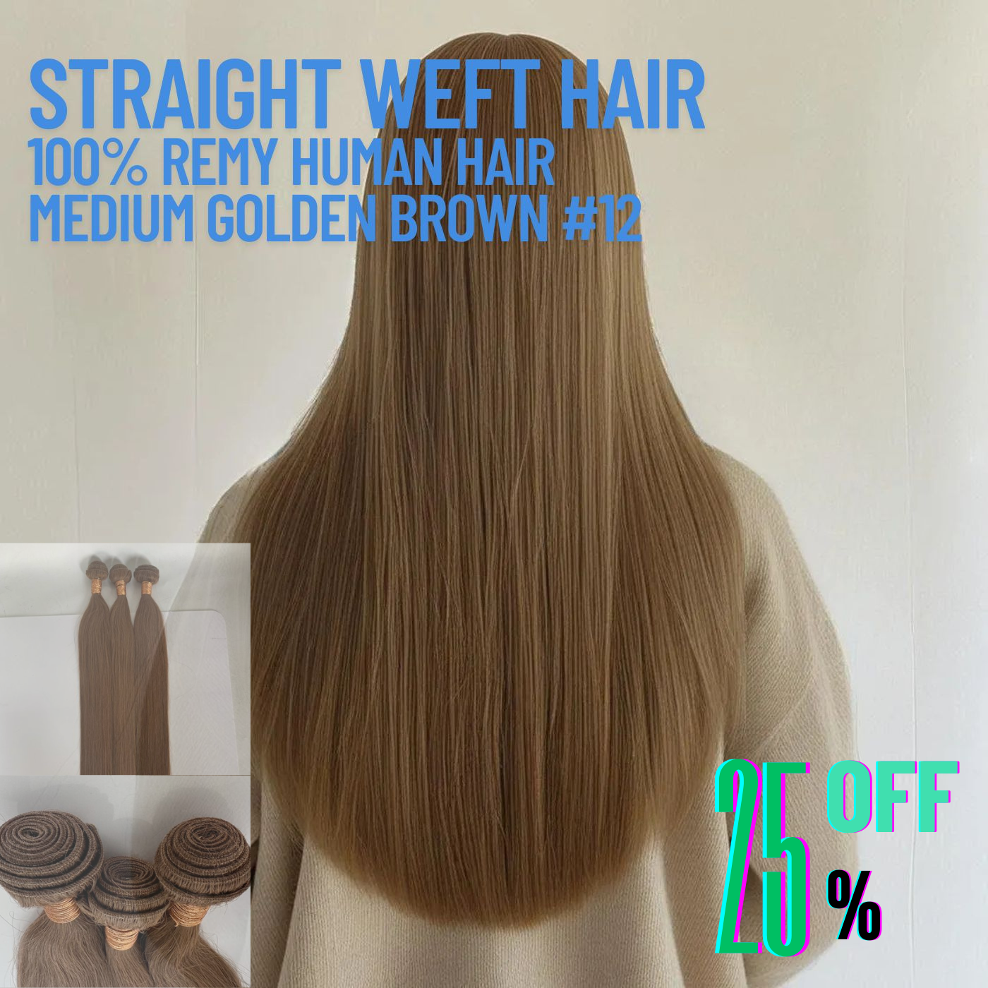 Extensions de cheveux trame châtain moyen doré n° 12 – 100 % cheveux humains Remy | Paquet de 100 g | 25,4 à 76,2 cm | Réutilisables | Expédié depuis le Canada