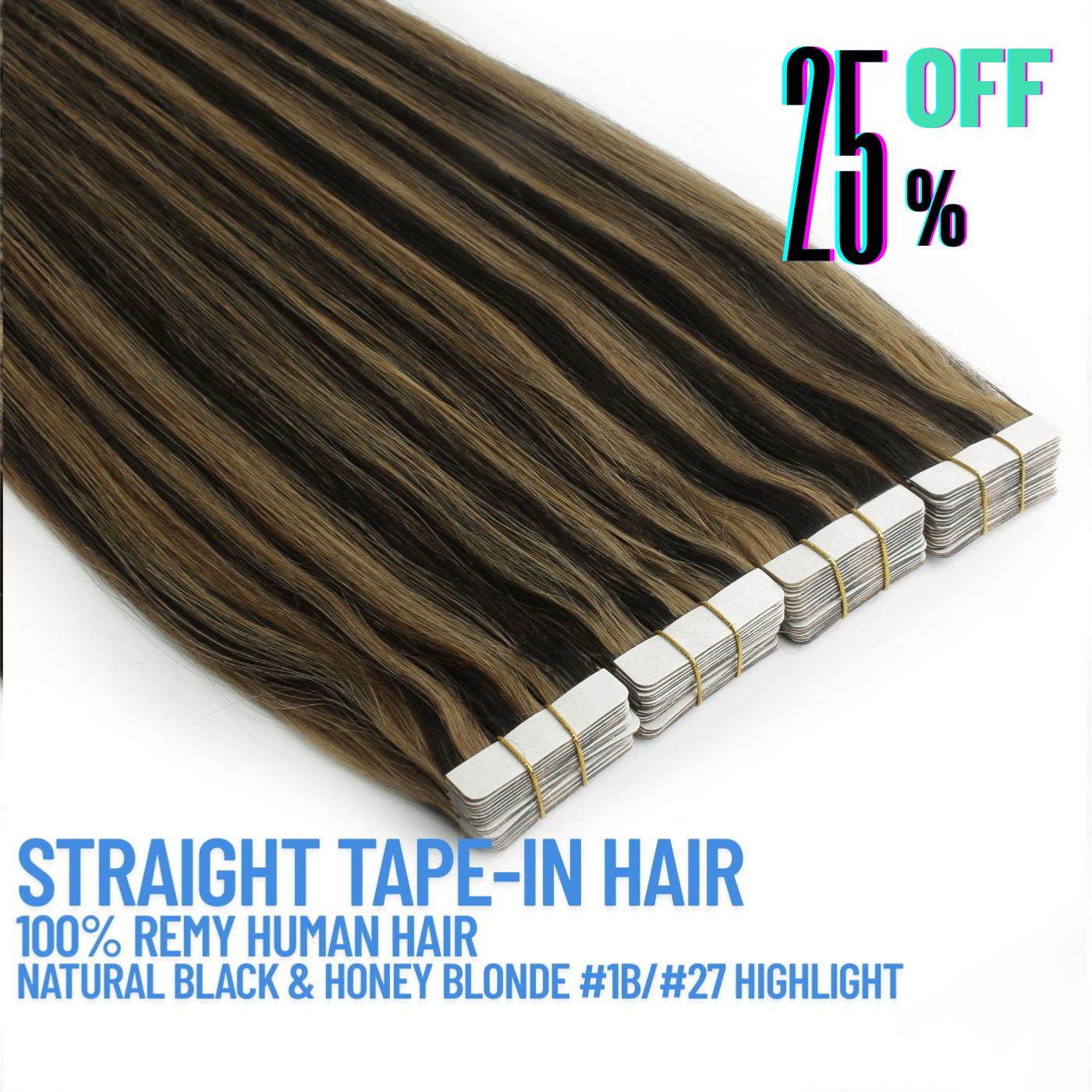 Natural Black & Honey Blonde #1B/27 Tape-In Hair Extensions – 100% Remy Human Hair | 50g Pack | 10''–30'' | Reusable | Ships from Canada