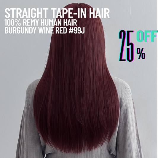 Extensions de cheveux à bandes adhésives bordeaux #99J – 100 % cheveux humains Remy | Paquet de 50 g | 25,4 à 76,2 cm | Réutilisables | Expédié depuis le Canada