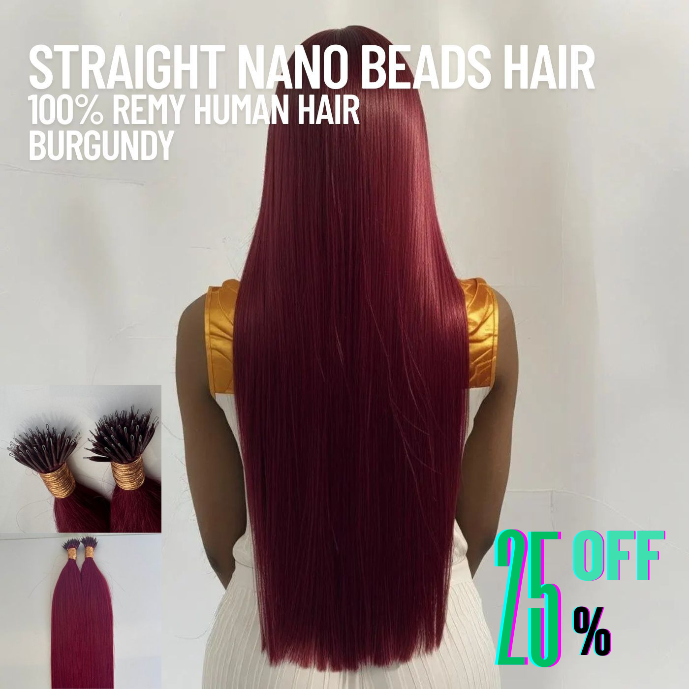 Extensions de cheveux en nano-perles bordeaux – 100 % cheveux humains Remy | Paquet de 50 g (50 mèches) | Réutilisables | Expédié depuis le Canada
