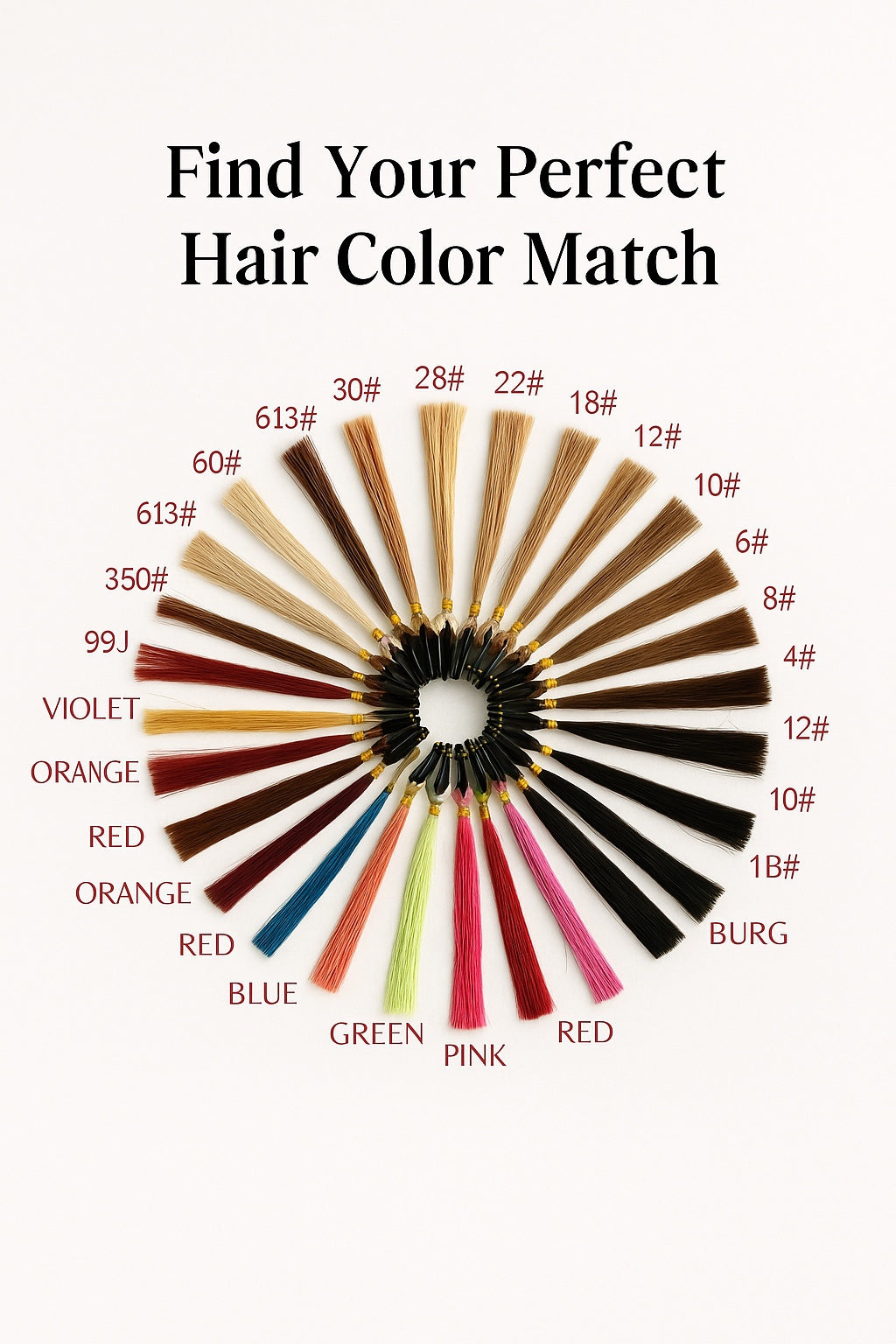 Hair extension color chart showing shades from natural black to golden blonde (#613), honey blonde (#27), brown tones, and fashion colors for perfect color matching