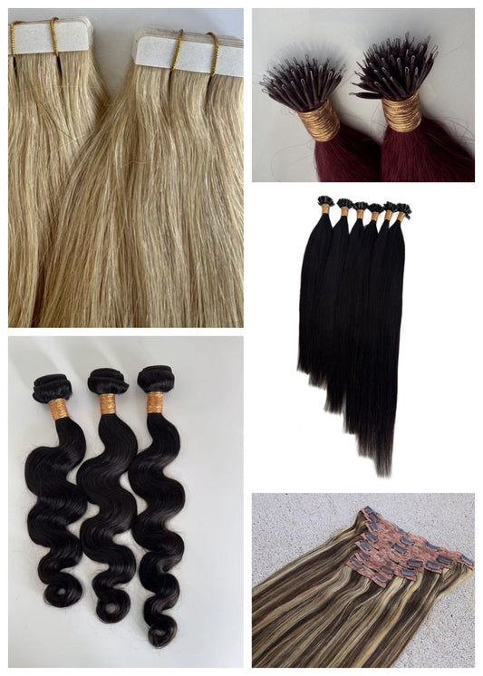 Different types of human hair extensions including tape-in, nano beads, weft sew-in, clip-in, and U-tip fusion extensions for comparison