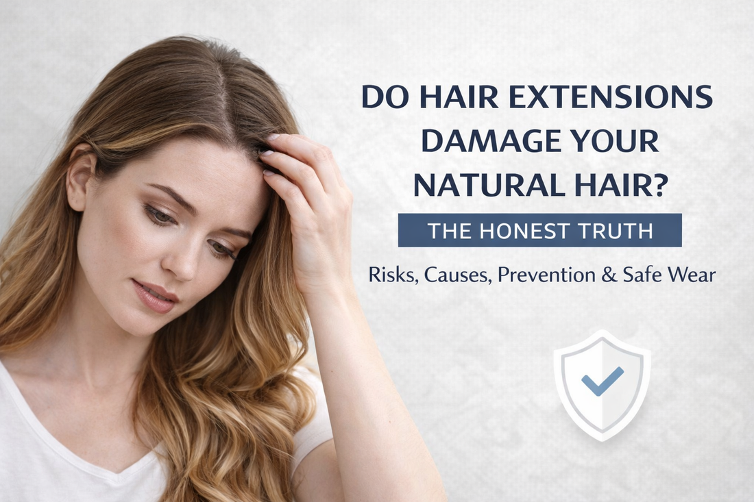 Close-up of a woman with hair extensions touching her scalp, representing concerns about hair extension damage and safe wear.