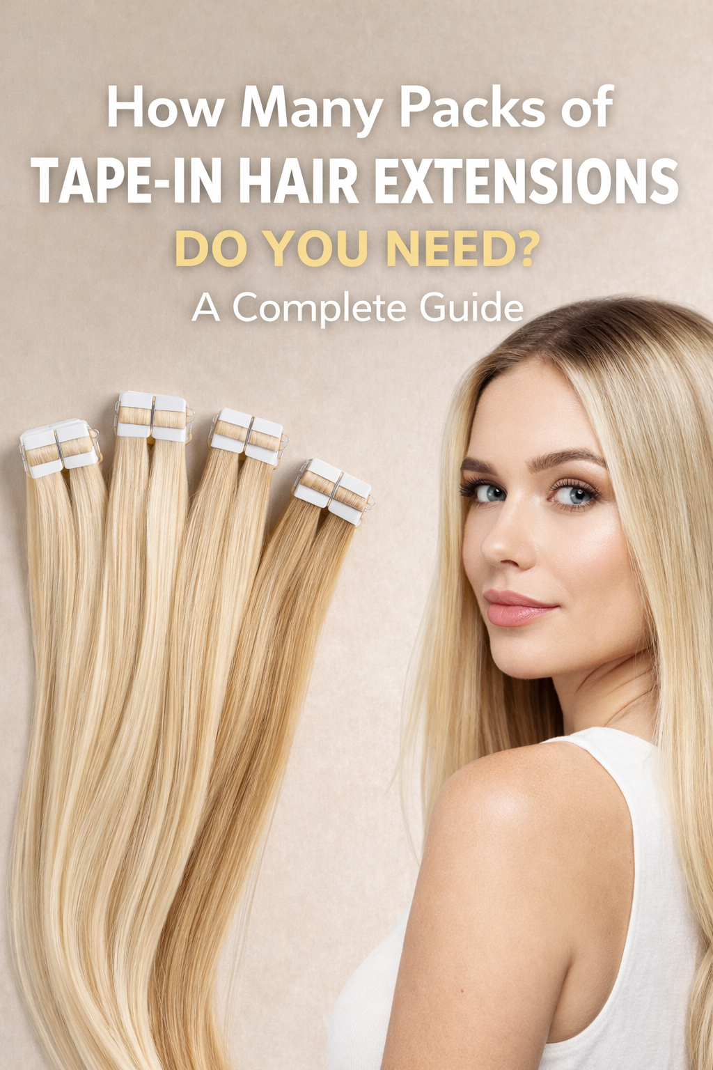 Blonde tape-in hair extensions packs beside a woman with long blonde hair