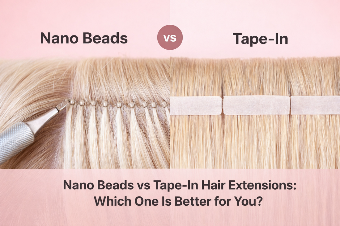Nano beads vs tape-in hair extensions comparison showing attachment methods and how each extension type is installed