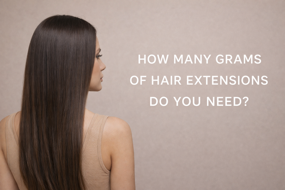 Straight long dark brown hair extensions on a model, minimal beige background with text “How many grams of hair extensions do you need”