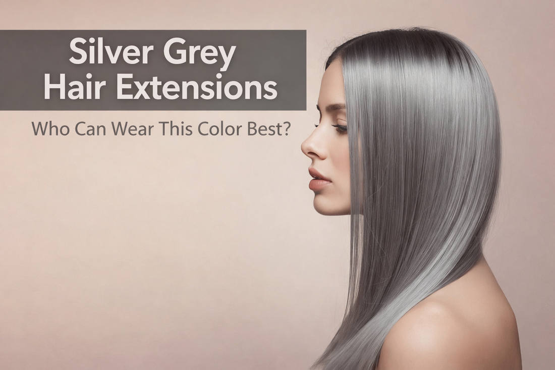 Silver grey hair extensions straight smooth texture showing cool tone color