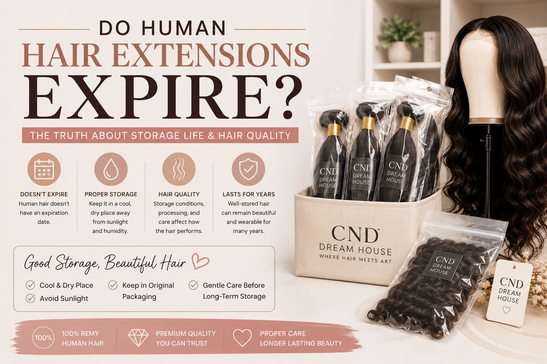 Human hair extensions and wig in protective storage packaging demonstrating how proper storage helps maintain hair quality and longevity.