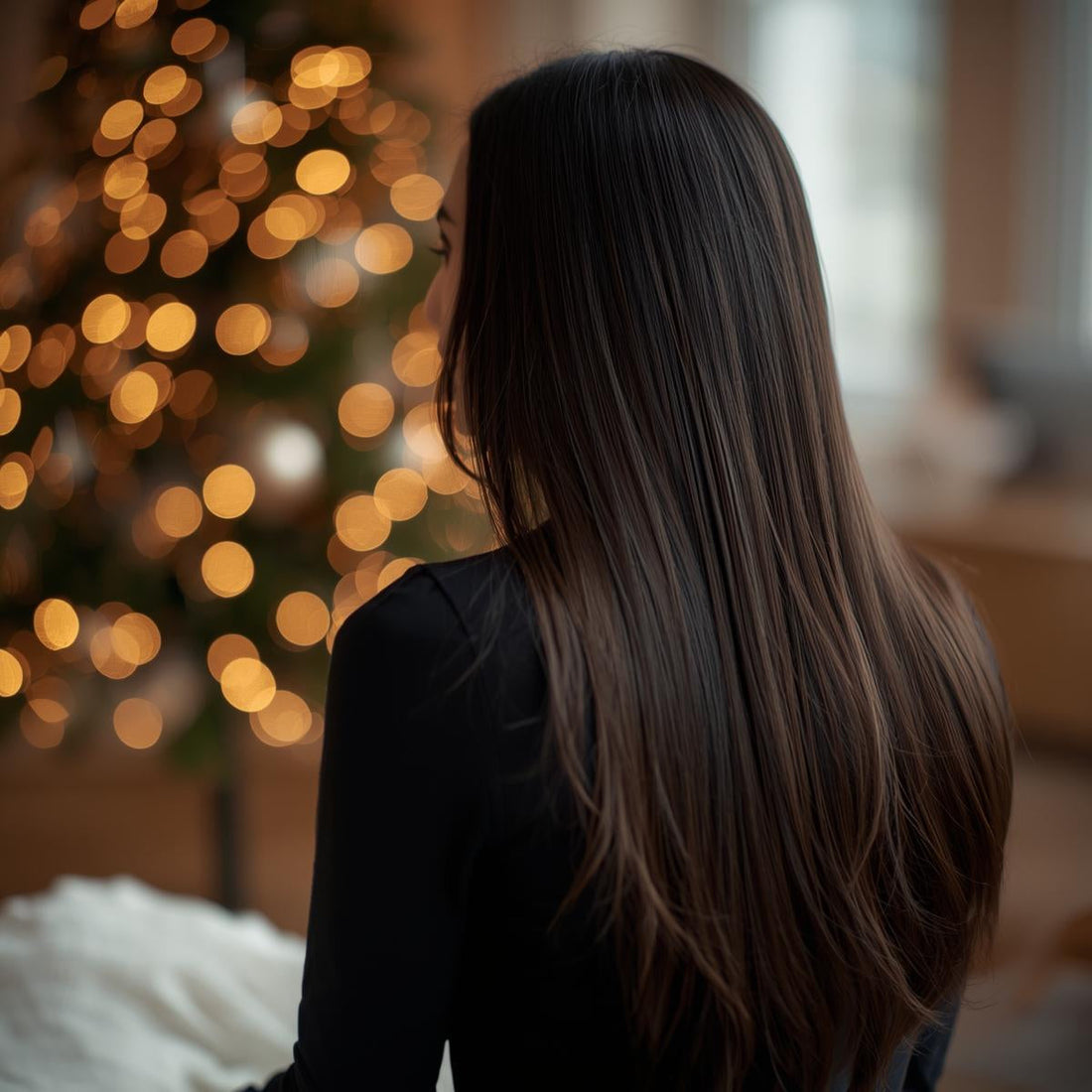 Back-view of a woman with long smooth dark hair sitting in warm holiday lighting with a Christmas tree in the background.