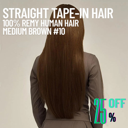 Medium Brown #10 Tape-In Hair Extensions – 100% Remy Human Hair | 50g Pack | 10''–30'' | Reusable | Ships from Canada