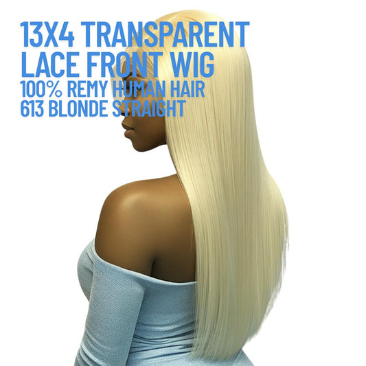 13x4 Transparent Lace Wig – Golden Blonde #613 Straight | 100% Human Hair | 180% Density | 12’’–28’’ | Bleach-Friendly