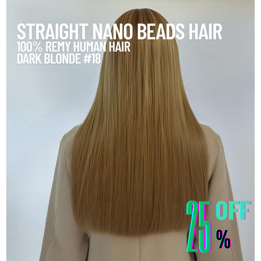 Dark Blonde #18 Straight Nano Beads Hair Extensions – 100% Remy Human Hair | 50g Pack (50 Strands) | Reusable | Ships from Canada