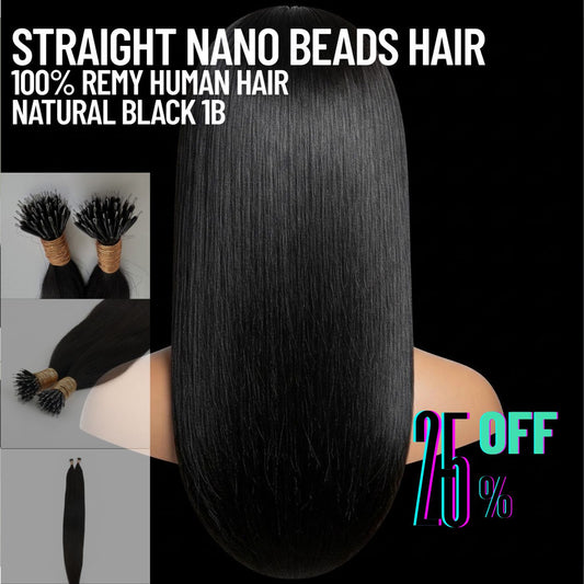Natural Black #1B Straight Nano Beads Hair Extensions – 100% Remy Human Hair | 50g Pack (50 Strands) | Reusable | Invisible Nano-Tip