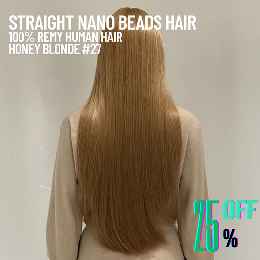 Honey Blonde #27 Straight Nano Beads Hair Extensions – 100% Remy Human Hair | 50g Pack (50 Strands) | Reusable | Ships from Canada