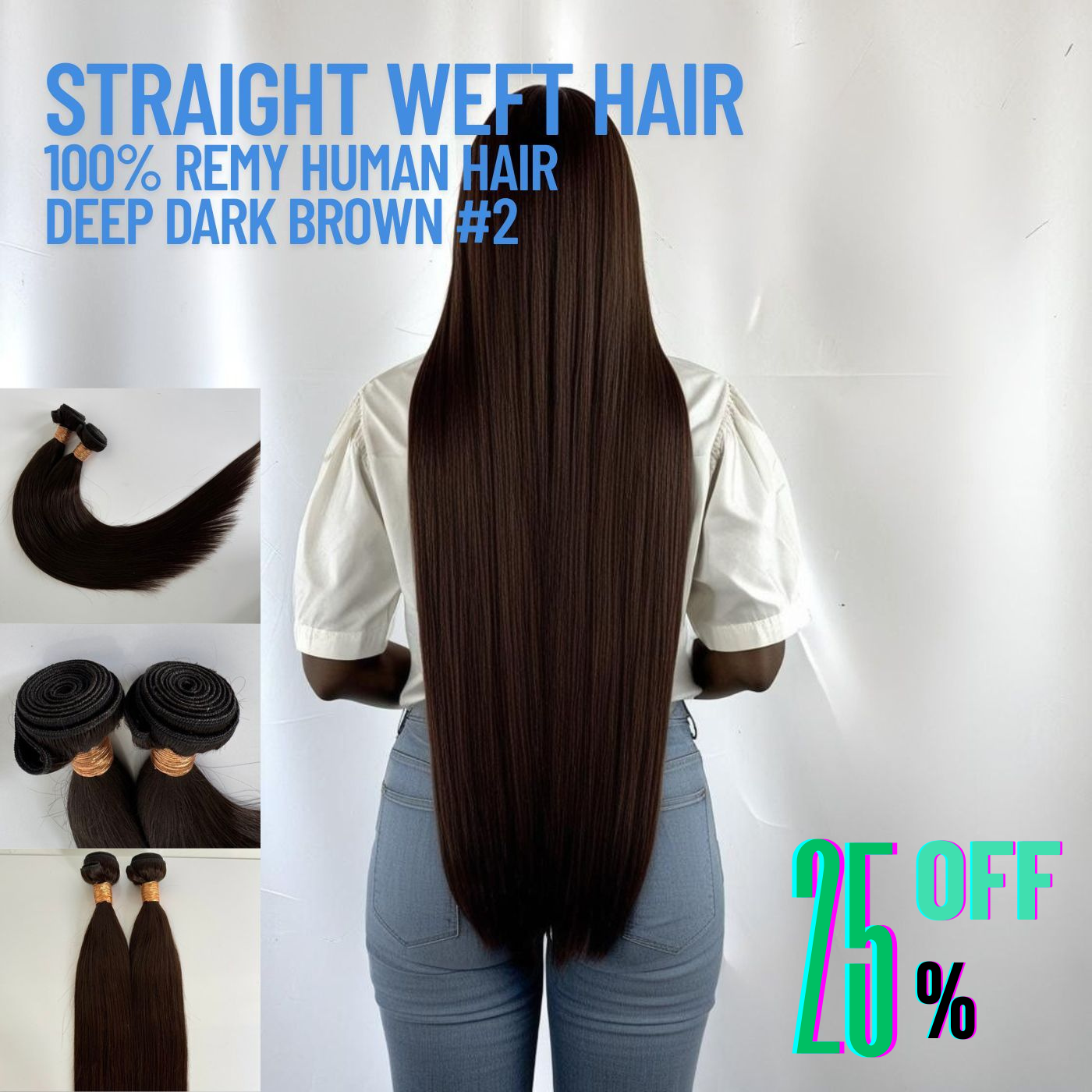 Extensions de cheveux trame brun foncé profond n° 2 – 100 % cheveux humains Remy | Paquet de 100 g | 10 à 30 pouces | Réutilisables | Expédié depuis le Canada