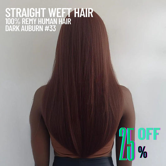 Dark Auburn #33 Straight Weft Hair Extensions – 100% Remy Human Hair | 100g Pack | 10''–30'' | Reusable | Ships from Canada