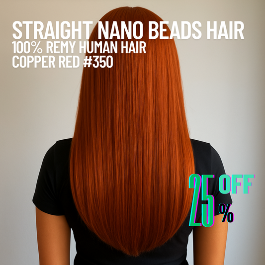 Copper Red #350 Straight Nano Beads Hair Extensions – 100% Remy Human Hair | 50g Pack (50 Strands) | Reusable | Ships from Canada