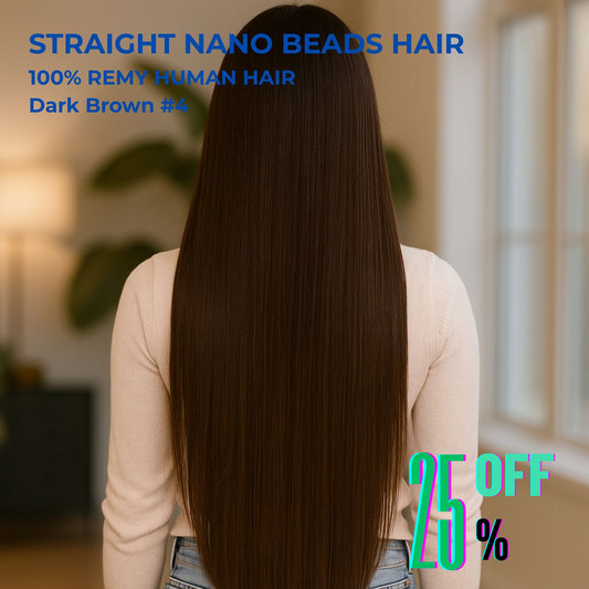 Dark Brown #4 Straight Nano Beads Hair Extensions – 100% Remy Human Hair | 50g Pack (50 Strands) | Reusable | Ships from Canada