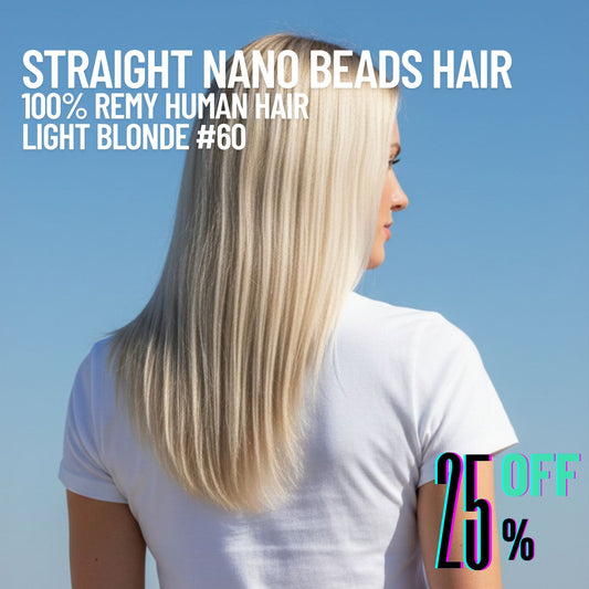 Light Blonde #60 Straight Nano Beads Hair Extensions – 100% Remy Human Hair | 50g Pack (50 Strands) | Reusable | Invisible Nano-Tip