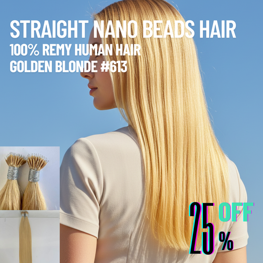 Golden Blonde #613 Straight Nano Beads Hair Extensions – 100% Remy Human Hair | 50g Pack (50 Strands) | Reusable | Invisible Nano-Tip