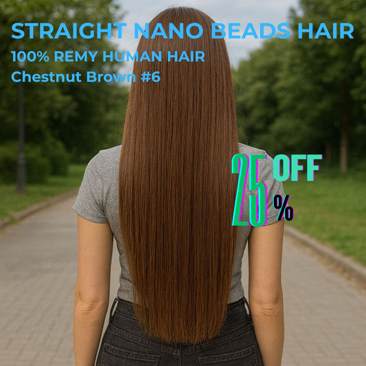 Chestnut Brown #6 Straight Nano Beads Hair Extensions – 100% Remy Human Hair | 50g Pack (50 Strands) | Reusable | Ships from Canada