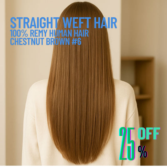 Chestnut Brown #6 Straight Weft Hair Extensions – 100% Remy Human Hair | 100g Pack | 10''–30'' | Reusable | Ships from Canada