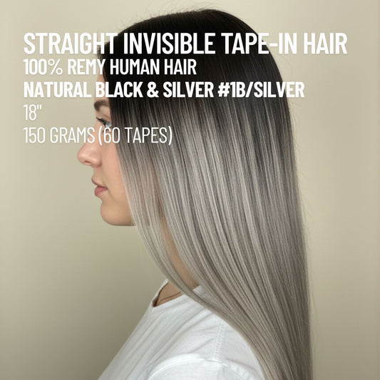 Invisible Tape-In Hair Extensions – Natural Black #1B to Silver Ombre | 100% Remy Human Hair | 150g | 18’’ | Straight | Reusable