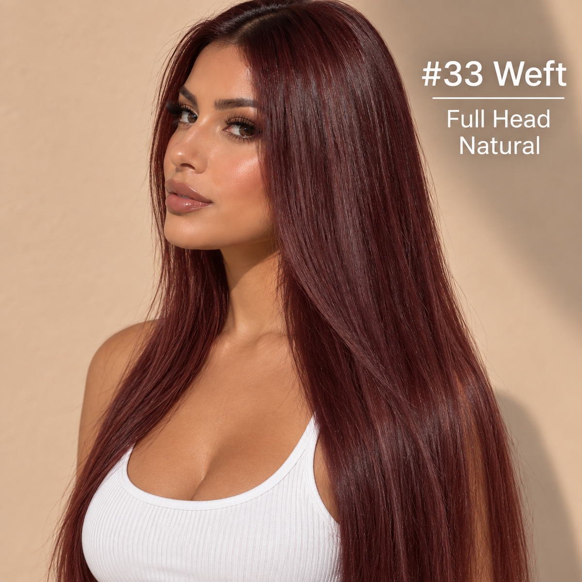 Dark Auburn #33 weft hair extensions worn – full head natural look