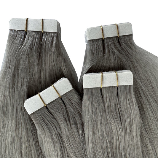 Silver/Grey Straight Tape-In Hair Extensions – 100% Remy Human Hair | 50g Pack | 10''–30'' | Reusable | Ships from Canada