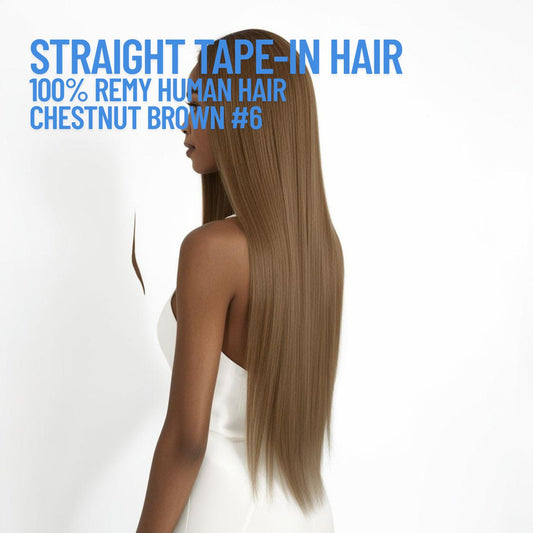 Extensions de cheveux adhésives châtain n° 6 – 100 % cheveux humains Remy | Paquet de 50 g | 25,4 à 76,2 cm | Réutilisables | Expédié depuis le Canada