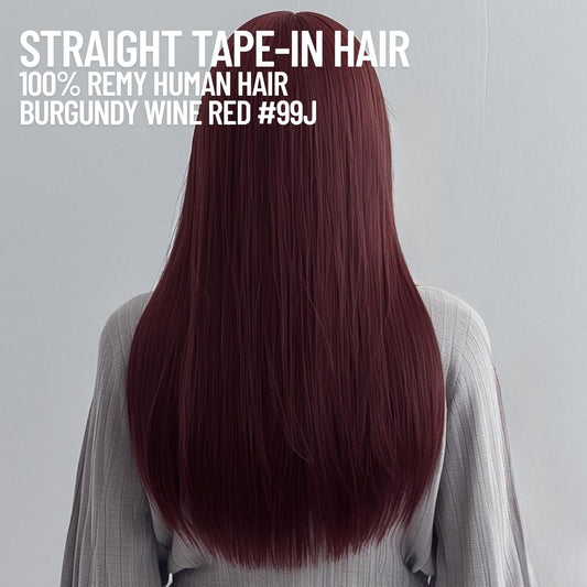Extensions de cheveux à bandes adhésives bordeaux #99J – 100 % cheveux humains Remy | Paquet de 50 g | 25,4 à 76,2 cm | Réutilisables | Expédié depuis le Canada