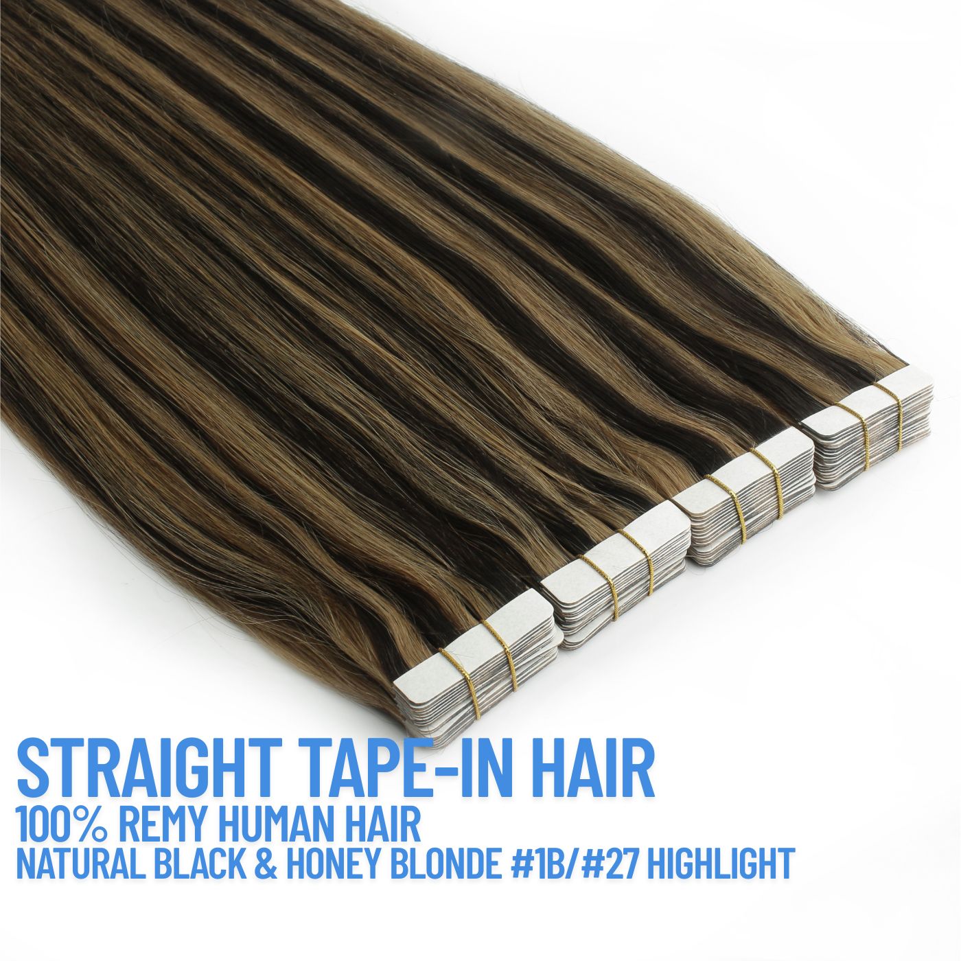 Natural Black & Honey Blonde Highlight #1B/27 Tape-In Hair Extensions – 100% Remy Human Hair | 20 Tapes (50g) | 10’’–30’’ | Reusable