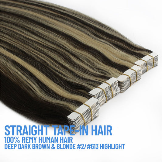 Extensions de cheveux à bandes adhésives brun foncé n° 4 – 100 % cheveux humains Remy | Paquet de 50 g | 10 à 30 po | Réutilisables | Expédié depuis le Canada