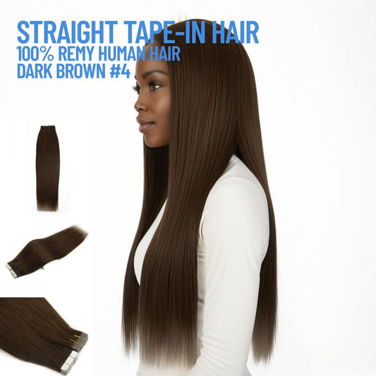 Extensions de cheveux à bandes adhésives brun foncé n° 4 – 100 % cheveux humains Remy | Paquet de 50 g | 10 à 30 po | Réutilisables | Expédié depuis le Canada