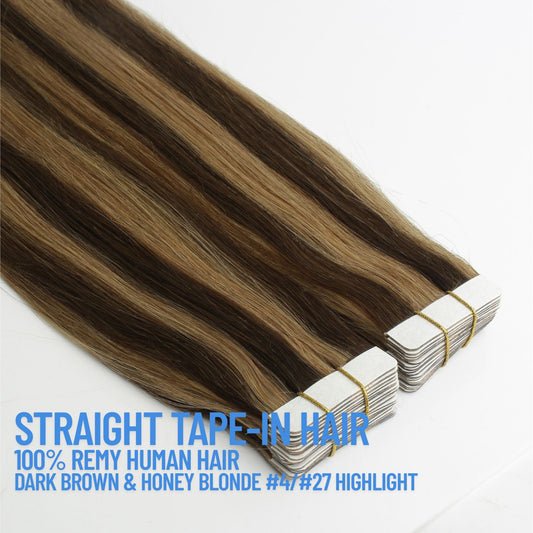 Extensions de cheveux à bandes adhésives brun foncé n° 4 – 100 % cheveux humains Remy | Paquet de 50 g | 10 à 30 po | Réutilisables | Expédié depuis le Canada
