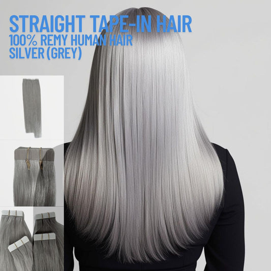 Silver Grey Tape-In Hair Extensions – 100% Remy Human Hair | 20 Tapes (50g) | 10’’–30’’ | Reusable