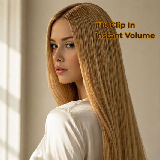 Dark blonde (#18) clip-in hair extensions made from 100% Remy human hair, shown as long, straight, silky hair with natural shine; 8-piece set with 18 clips, reusable, available in 100g/120g and lengths from 10 to 30 inches.