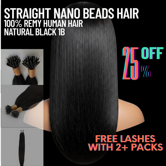 Natural Black #1B Straight Nano Beads Hair Extensions – 100% Remy Human Hair | 50g Pack (50 Strands) | Reusable | Ships from Canada