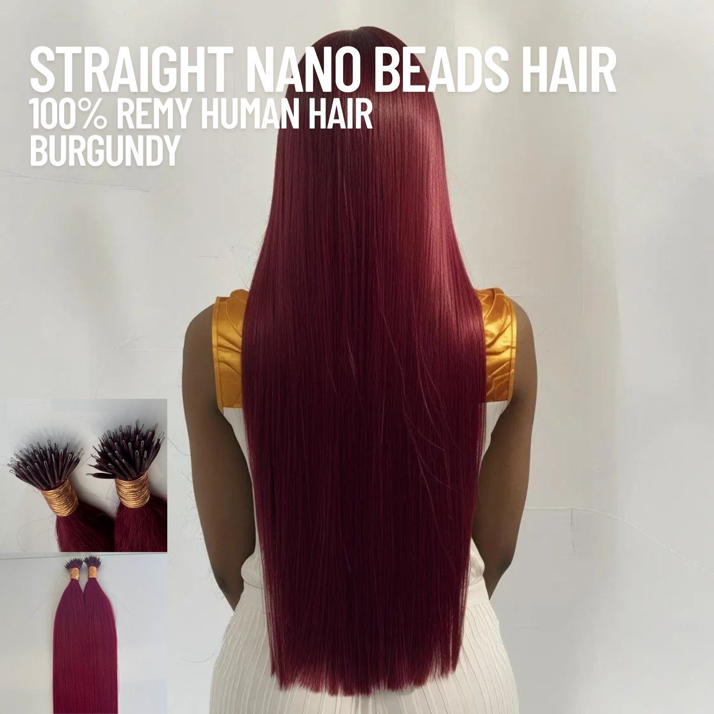 Burgundy Straight Nano Beads Hair Extensions – 100% Remy Human Hair | 50g Pack (50 Strands) | Reusable | Nano-Tip