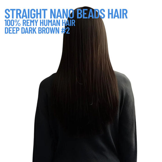 Extensions de cheveux Nano Beads Brun foncé profond n° 2 – 100 % cheveux humains Remy | Paquet de 50 g (50 mèches) | Réutilisables | Expédié depuis le Canada