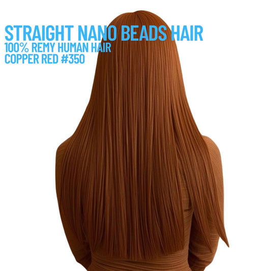 Extensions de cheveux en nano-perles rouge cuivré n° 350 – 100 % cheveux humains Remy | Paquet de 50 g (50 mèches) | Réutilisables | Expédié depuis le Canada