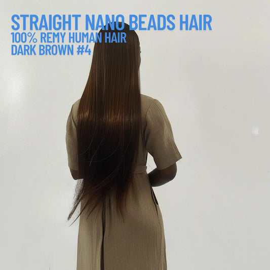 Extensions de cheveux en nano-perles brun foncé n° 4 – 100 % cheveux humains Remy | Paquet de 50 g (50 mèches) | Réutilisables | Expédié depuis le Canada