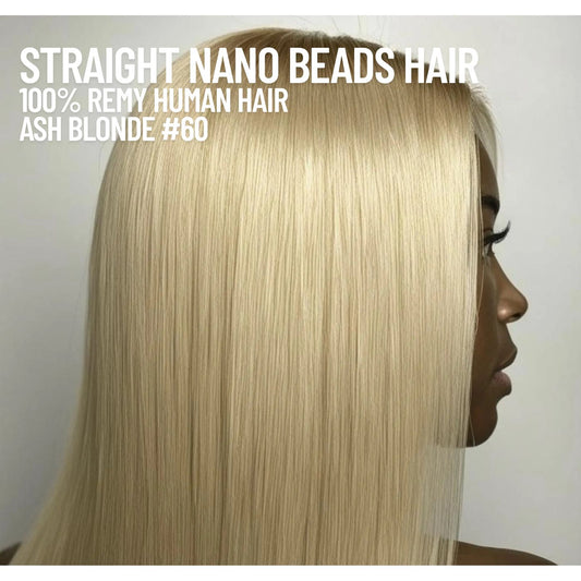 Extensions de cheveux en nano-perles blond cendré n° 60 – 100 % cheveux humains Remy | Paquet de 50 g (50 mèches) | Réutilisables | Expédié depuis le Canada