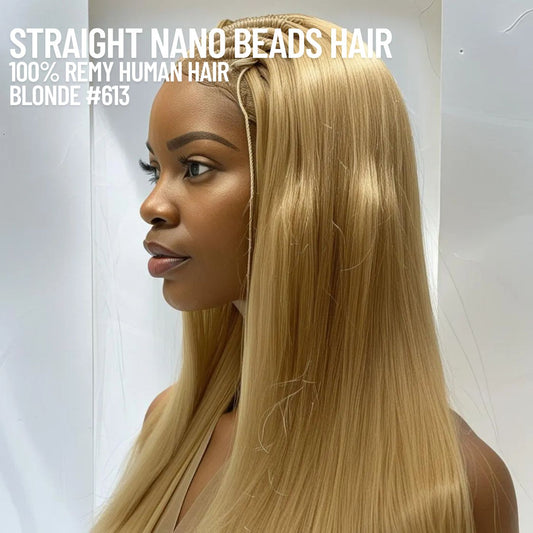 Extensions de cheveux blondes n° 613 en nano-perles – 100 % cheveux humains Remy | Paquet de 50 g (50 mèches) | Réutilisables | Expédié depuis le Canada