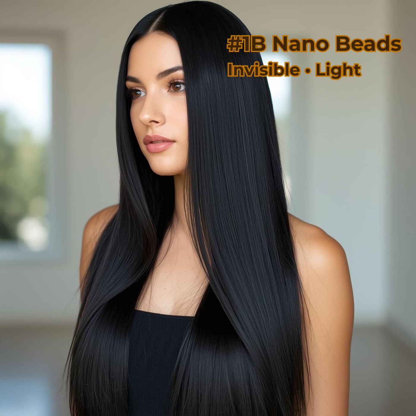 Natural Black #1B Straight Nano Beads Hair Extensions – 100% Remy Human Hair | 50g Pack (50 Strands) | Reusable | Nano-Tip