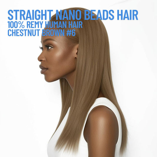 Extensions de cheveux Nano Beads châtain n° 6 – 100 % cheveux humains Remy | Paquet de 50 g (50 mèches) | Réutilisables | Expédié depuis le Canada
