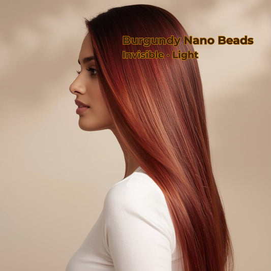Extensions de cheveux en nano-perles bordeaux – 100 % cheveux humains Remy | Paquet de 50 g (50 mèches) | Réutilisables | Expédié depuis le Canada