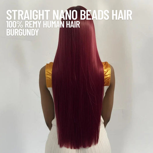 Extensions de cheveux en nano-perles bordeaux – 100 % cheveux humains Remy | Paquet de 50 g (50 mèches) | Réutilisables | Expédié depuis le Canada