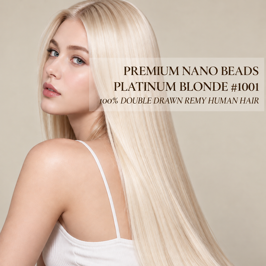 Platinum blonde #1001 nano bead hair extensions on model, long straight icy-platinum hair