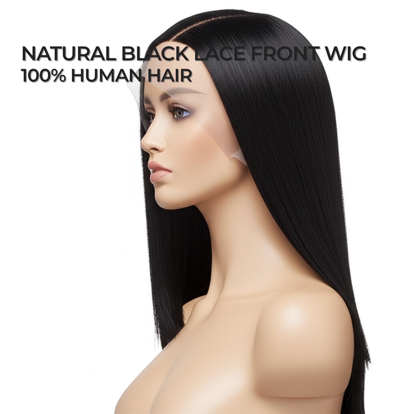 Natural black straight lace front wig made from 100% human hair with a smooth texture and realistic hairline.